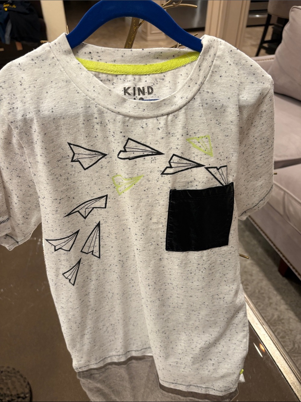 Boys White Speckled Tee with Black Pocket and Neon Lime Accents